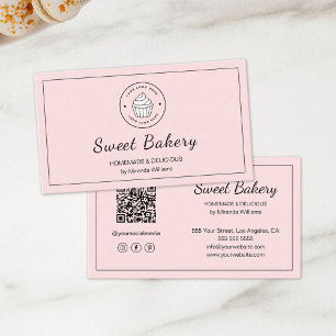 Modern Bakery Logo QR Social Media Icons Pink Business Card