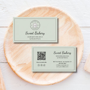 Modern Bakery Logo QR Social Media Sage Green Business Card