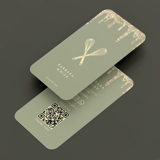 Modern Bakery Patisserie Sage Gold Whisk Drip Business Card (Modern Bakery Patisserie Sage Gold Whisk Drip Business Card
)