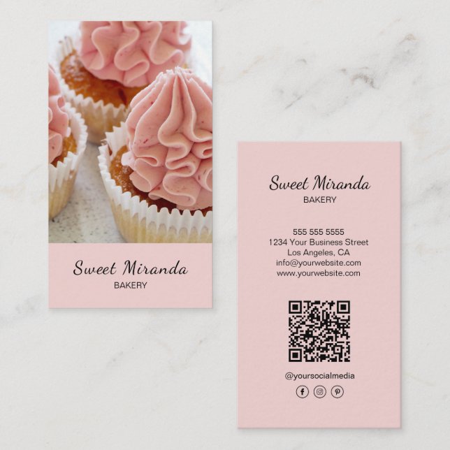 Modern Bakery Photo QR Social Media Icons Pink Business Card (Front/Back)