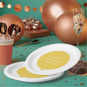 Modern Balloon   Yellow Kids Birthday Party Name Paper Plate