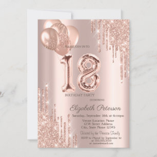 Modern Balloons Glitter Drips Rose Gold  Sweet 16 Invitation