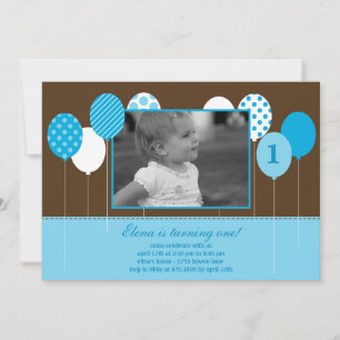 Modern Balloons Photo Birthday Invitation - Blue