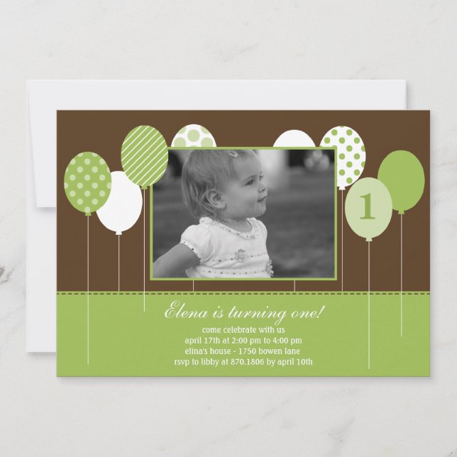 Modern Balloons Photo Birthday Invitation - Green (Front)