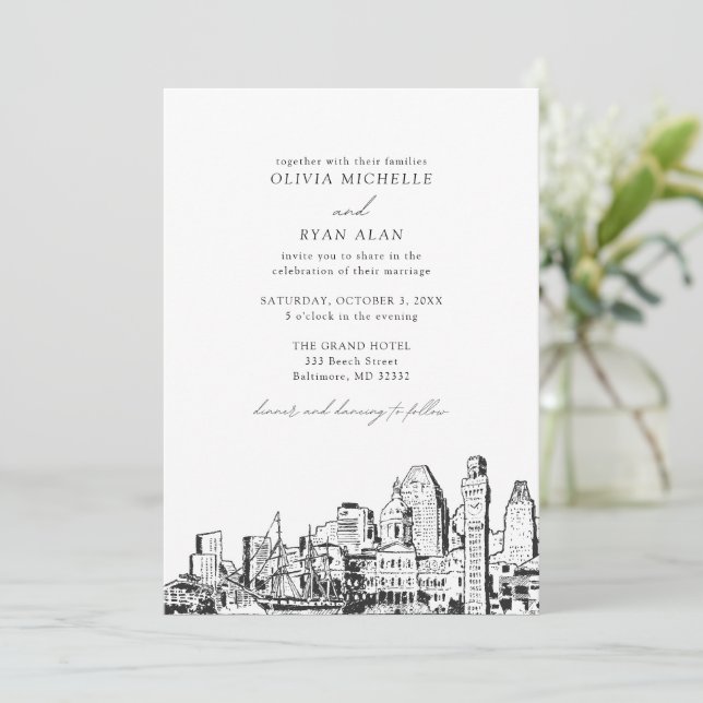 Modern Baltimore Skyline Black & White Wedding Invitation (Standing Front)