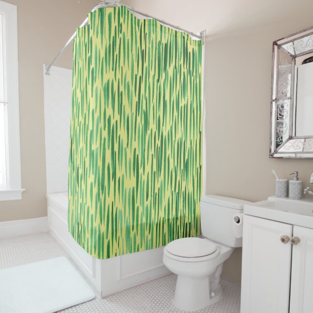 Modern Bamboo Pattern Tiki Vibe Green Shower Curtain (In Situ)