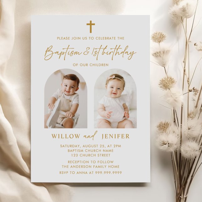 Modern Baptism & 1st Birthday Twins Boy and Girl  Invitation (Creator Uploaded)