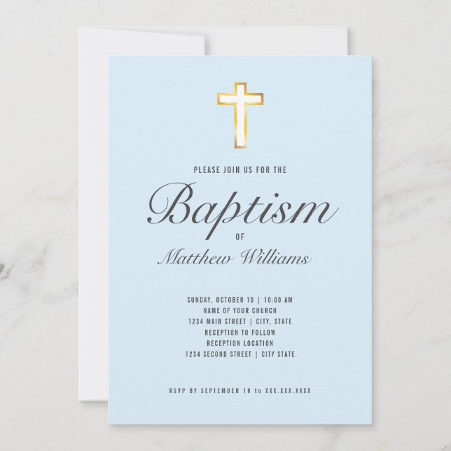Modern Baptism Ceremony Faux Gold Foil Cross Invitation (Back)