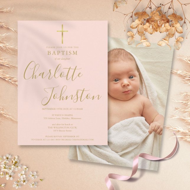 Modern Baptism Christening Gold Blush Pink Photo Invitation (Modern Baptism Christening Gold Blush Pink Photo Invitation)