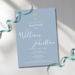 Modern Baptism Christening Gold Cross Dusty Blue Invitation<br><div class="desc">An elegant baptism christening invitation featuring a chic script signature name. Personalise with your special baptism or christening information in chic lettering on a dusty blue background. Designed by Thisisnotme©</div>