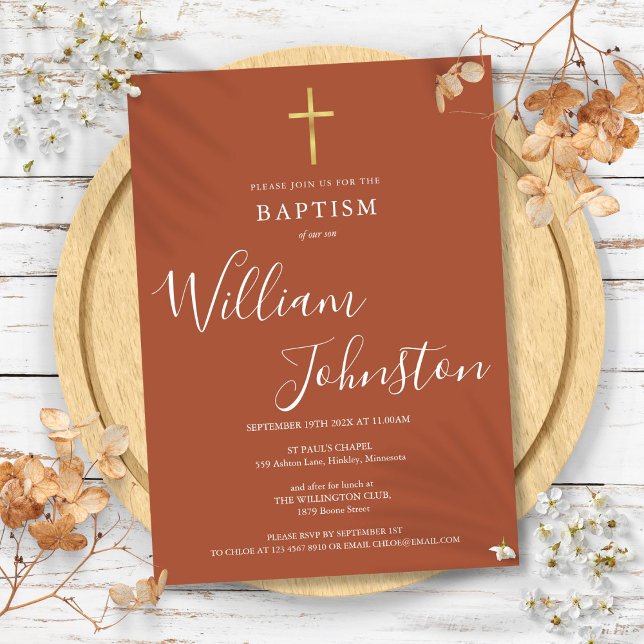Modern Baptism Christening Gold Cross Terracotta Invitation (Modern Baptism Christening Gold Cross Terracotta Invitation)