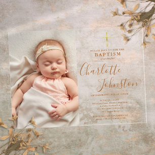 Modern Baptism Christening Golden Script Photo Acrylic Invitations