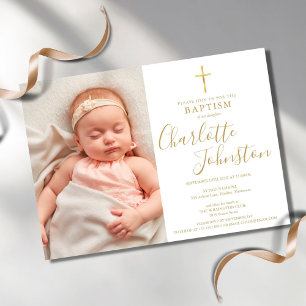 Modern Baptism Christening Golden Script Photo Invitation