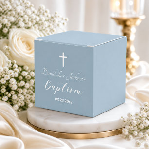 Modern Baptism Christening White Cross Dusty Blue  Favour Box