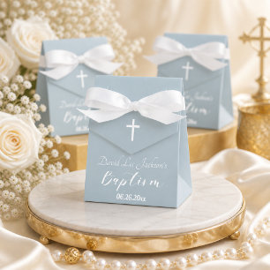 Modern Baptism Christening White Cross Dusty Blue  Favour Box