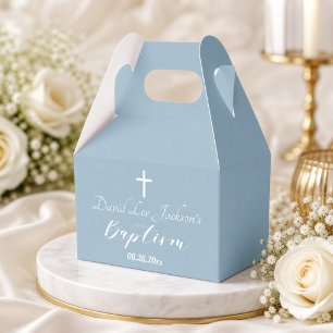 Modern Baptism Christening White Cross Dusty Blue  Favour Box