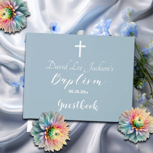 Modern Baptism Christening White Cross Dusty Blue Guest Book