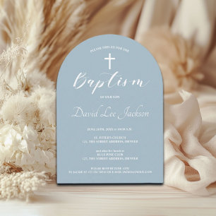 Modern Baptism Christening White Cross Dusty Blue  Invitation