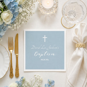 Modern Baptism Christening White Cross Dusty Blue Napkin