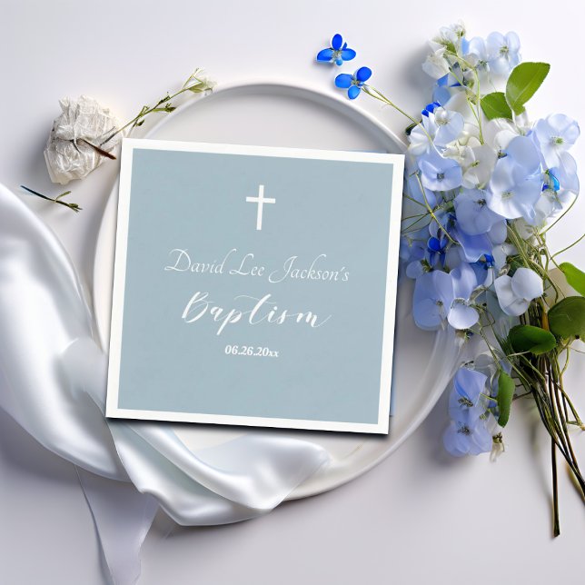 Modern Baptism Christening White Cross Dusty Blue  Napkin (Creator Uploaded)