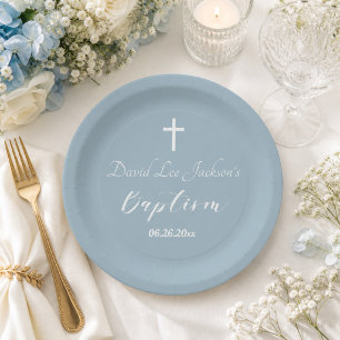 Modern Baptism Christening White Cross Dusty Blue Paper Plate