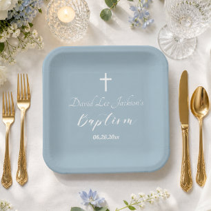 Modern Baptism Christening White Cross Dusty Blue  Paper Plate