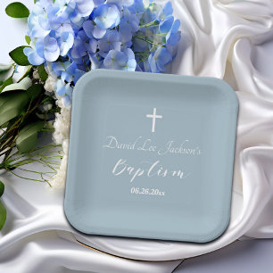 Modern Baptism Christening White Cross Dusty Blue  Paper Plate