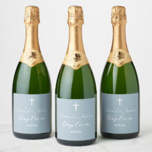 Modern Baptism Christening White Cross Dusty Blue Sparkling Wine Label