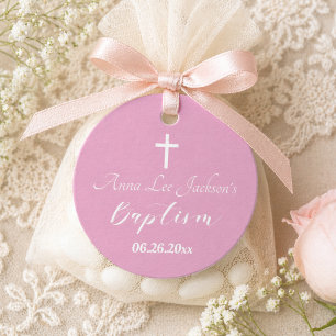 Modern Baptism Christening White Cross Dusty Pink Favour Tags