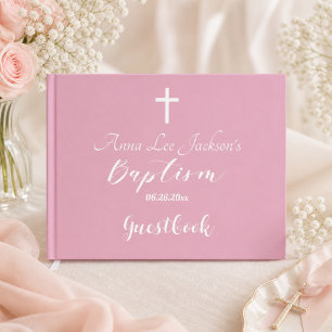 Modern Baptism Christening White Cross Dusty Pink Guest Book