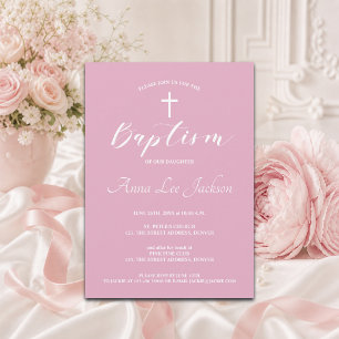 Modern Baptism Christening White Cross Dusty Pink Invitation