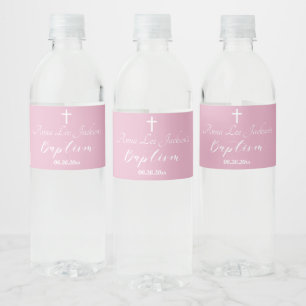 Modern Baptism Christening White Cross Dusty Pink Water Bottle Label