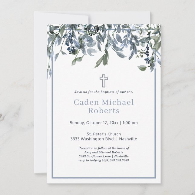 Modern Baptism Greenery Blue Flowers Invitation (Front)