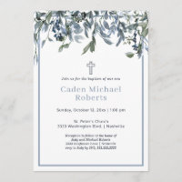 Modern Baptism Greenery Blue Flowers Invitation