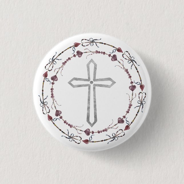  Modern Baptism Grey White Christian Cross  Wreath 3 Cm Round Badge (Front)