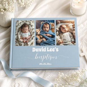 Modern Baptism Photo Collage Dusty Blue Guest Book