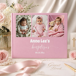 Modern Baptism Photo Collage Dusty Pink Guest Book