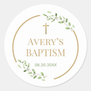 Modern Baptism wreath Gold cross Customisable Classic Round Sticker
