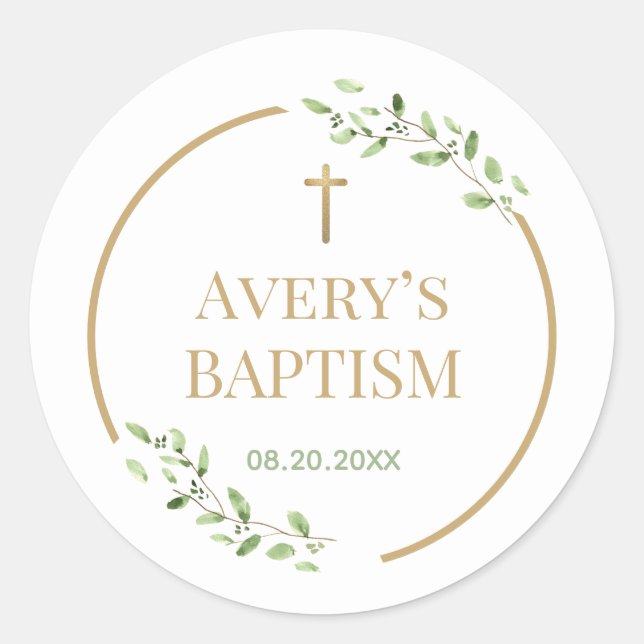 Modern Baptism wreath Gold cross Customisable Classic Round Sticker (Front)