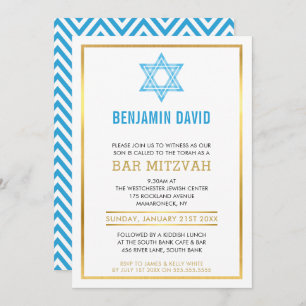 MODERN BAR MITZVAH INVITE gold blue jewish star