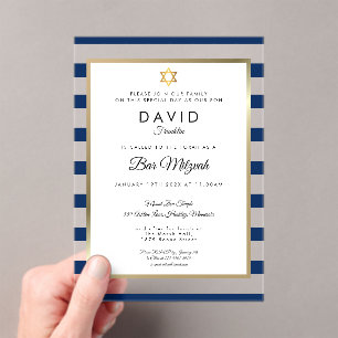 Modern Bar Mitzvah Navy Blue Stripe Gold Acrylic Invitations