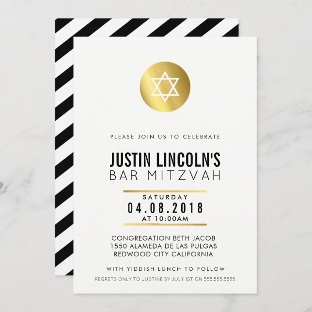 MODERN BAR MITZVAH party INVITE gold spot black (Front/Back)