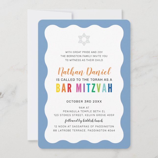 MODERN BAR MITZVAH rainbow colours wavy border blu Invitation (Front)