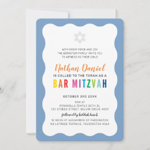 MODERN BAR MITZVAH rainbow colours wavy border blu Invitation