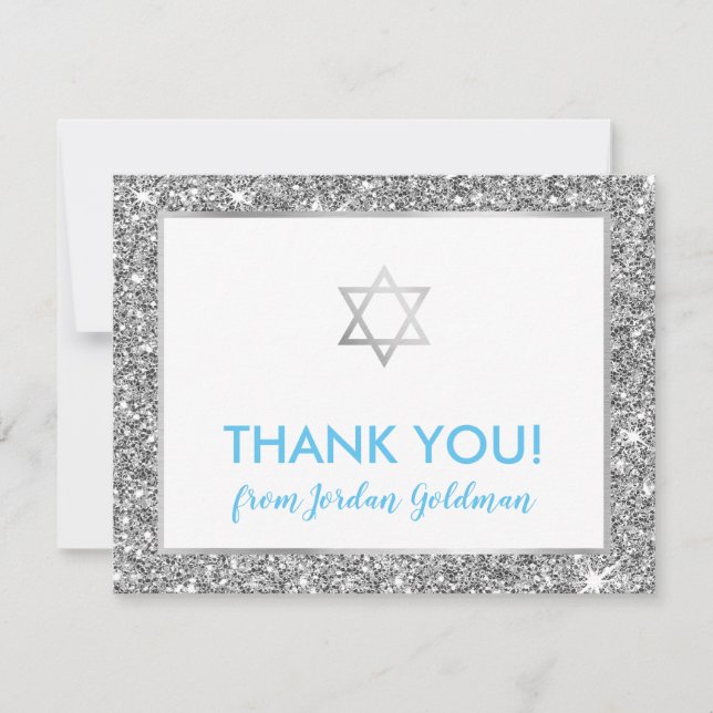 MODERN BAR MITZVAH thank you cool silver glitter (Front)