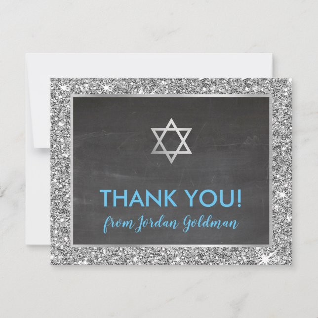 MODERN BAR MITZVAH thank you silver glitter grey (Front)