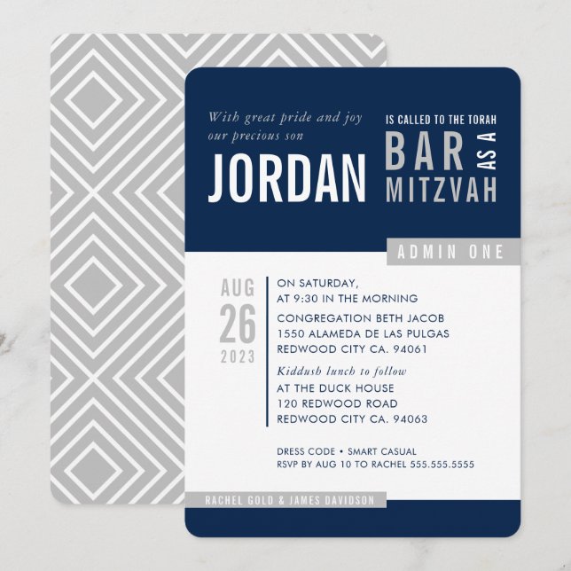 MODERN BAR MITZVAH trendy bold block navy grey Invitation (Front/Back)