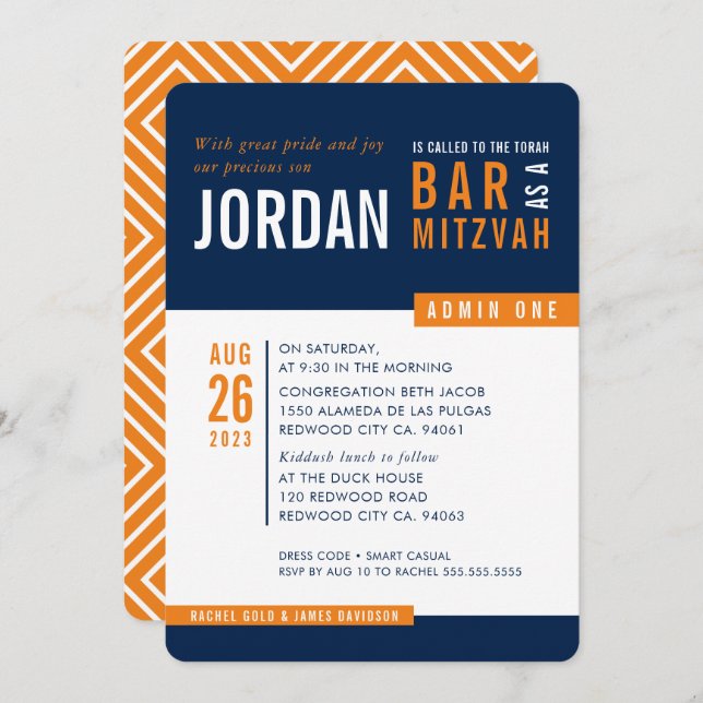 MODERN BAR MITZVAH trendy bold block navy orange Invitation (Front/Back)