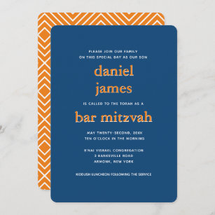 Modern Bar Mitzvah Typography Blue Orange Invitation