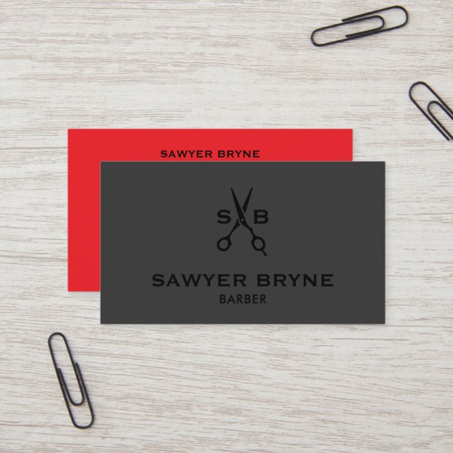Modern Barber Hair Stylist  Scissors Black Red Business Card (Front/Back In Situ)
